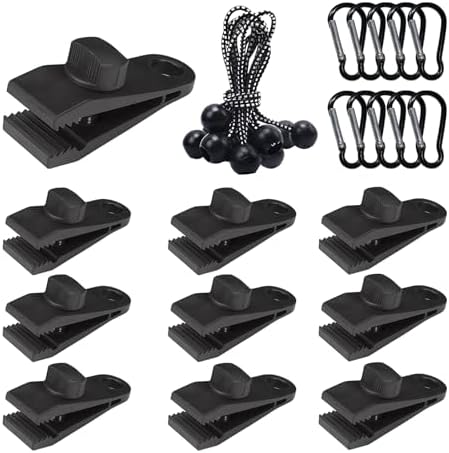 30 Pack Tarp Clips with Bungee Balls & Buckle, Heavy Duty Tarp Tie Downs, Waterproof Lock Grip Tent Clips for Camping, Garden Shade Cloth, Car Cover and Awning, Black by Unknown