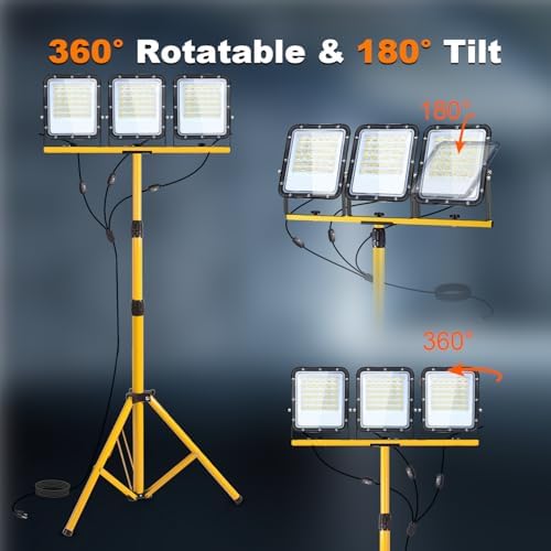30000Lumen LED Work Lights with Stand, 3 Head Tripod Work Light 16.5FT Power Cord IP65 Waterproof, Portable Telescoping Flood Light for Construction Site Garage Workshop Indoor Outdoor Lighting - Image 3