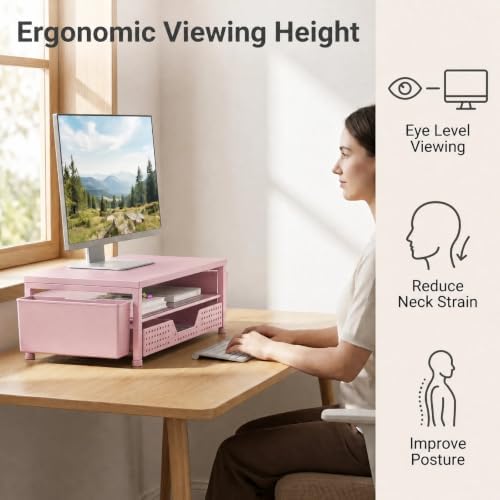 ECOLOVI Desk Organizer and Accessories, 2-Tier Computer Monitor Stand Rise with Storage Drawer & 2 Pen Holders, Laptop & Printer Stand for Desktop, Workspace Organizers for Office Supplies (Pink) - Image 2