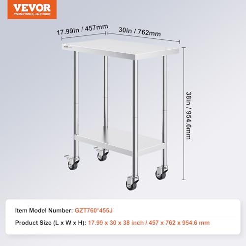 VEVOR Stainless Steel Work Table 30 x 18 x 38 Inch, with 4 Wheels, 3 Adjustable Height Levels, Heavy Duty Food Prep Worktable for Commercial Kitchen Restaurant, Silver - Image 3