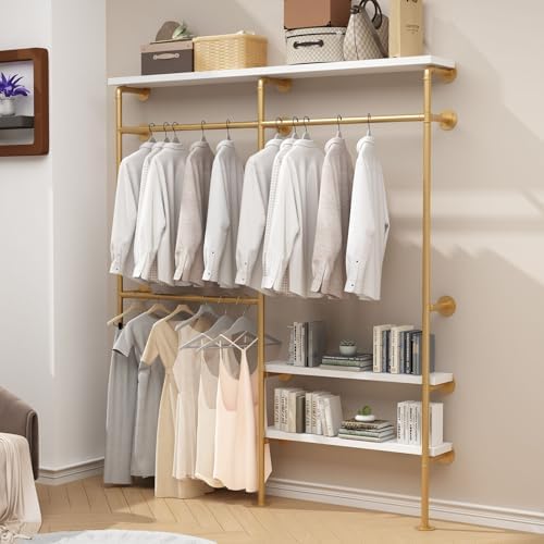 HOMEKAYT Industrial Pipe Clothes Rack with Shelves, Gold Clothing Rack Wall Mounted Heavy Duty Multi-Purpose Storage Clothes Hanging Shelf - 70.8''L Gold by HOMEKAYT