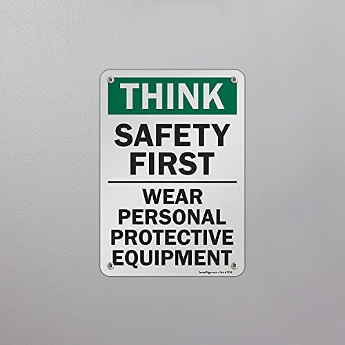 SmartSign 10 x 7 inch “Think - Safety First, Wear Personal Protective Equipment” Sign, Digitally Printed, 55 mil HDPE Plastic, Green, Black and White - Image 4