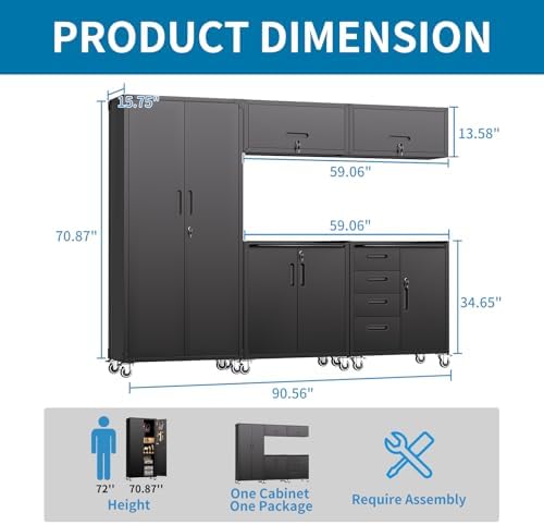 Garage Storage Cabinets System 5 PCS Workshop Set with Drawers Locking Heavy Duty Rolling Cart with Adjustable Shelves Garage Tool Workbench Cabinets (5 PCS-1, Black) - Image 3