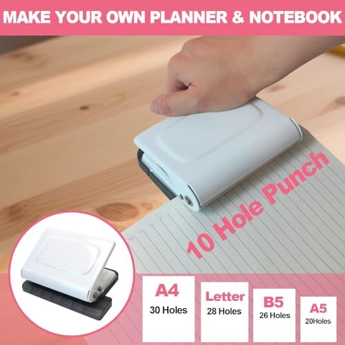 10 Hole Punch Binding Machine for Planner, Manual Binding System with 10 Multi-Color Binder Rings for Making 26 Holes on B5, 30 Holes on A4, 20 Holes on A5 Book, 10 Sheet Capacity - White - Image 6