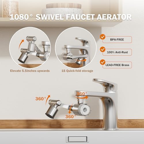 Frizzlife Water Filter for Sink Faucet Extender, NSF/ANSI 372, 9pcs Filter Reduce 99% Chlorine, 1080° Rotating Brass Swivel Aerator, 2 Modes Spray Faucet Filter for Skin Kitchen Bathroom Sink, FF1080 - Image 6