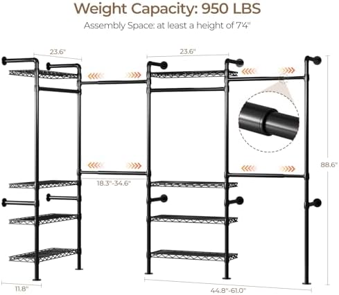 4-Bay Wall-Mounted Closet System, Expandable Industrial Pipe Clothing Racks - Image 5