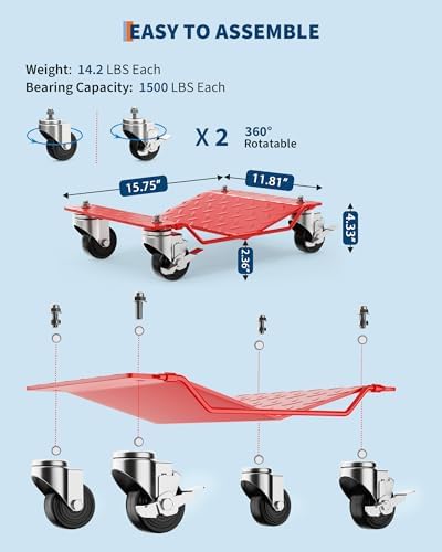 Garvee Car Wheel Dolly Set of 2,3000 LBS Capacity Heavy Duty Vehicle Mover Dolly with Brakes for Moving Cars, Trucks, Trailers and Motorcycles, Red - Image 3