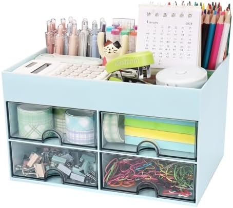 Meiikun Desk Organizer, Office Organizer with Drawer, Desk Accessories & Workspace Organizers, Pen Holder Office Supplies for Desk (4 Drawers+4 Compartments, Blue) by Meiikun