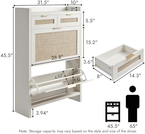 HOKYHOKY Rattan Shoe Storage Cabinet with 2 Drawers & 2 Flip Drawers - Image 2