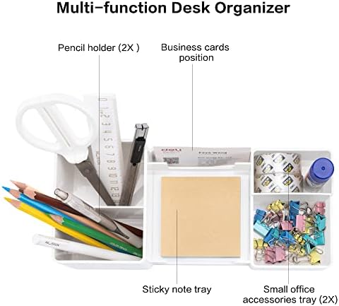 deli Desk Organizer, Plastic Desktop Organizer with Pencil Holder and Sticky Note Tray, Office Stationery Supplies Organizers Accessories Caddy, 6 Compartments, White - Image 3
