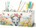 Elephant Pen Pencil Holder for Desk Accessories, Elephant Gifts for Women & Kids, Rustic Butterfly Flower Wild Animal Wooden Box Sign Decorations for Kids Room Home Office Desk Tabletop by Unknown