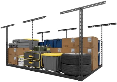 Jusgym 4X6FT Overhead Garage Storage Rack, 26"-40" Height Adjustable Garage Ceiling Storage Racks, Heavy Duty Metal Overhead Storage Organizer System, 450LBS Weight Capacity by Jusgym
