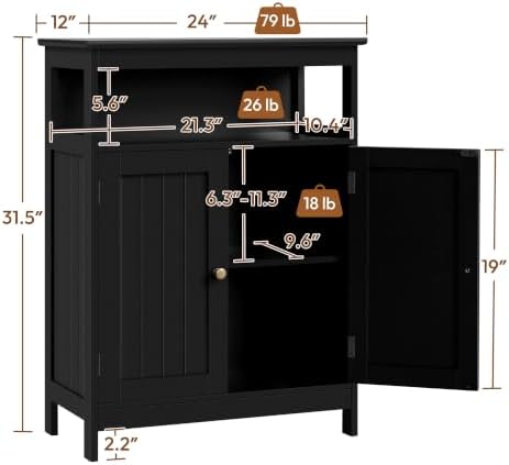 Yaheetech Small Bathroom Storage Cabinet with Double Beadboard Doors, Black - Image 3