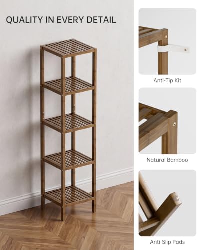 SMIBUY Bathroom Storage Shelf, 5-Tier Bamboo Rack Organizer, Multifunctional Shelving Unit for Living Room Bedroom Kitchen (Walnut) - Image 5