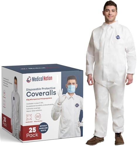 Medical Nation Hazmat Suits Dispsosable | 25 Pack, 5X-Large | Non-Hooded Protective Coveralls - Heavy Duty Full Body Painters Suit for Men & Women Without Hood - Breathable & Water Resistant - 5XL by MEDICALNATION