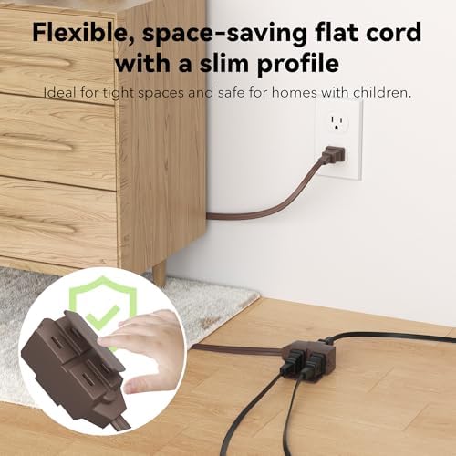 BN-LINK 6ft Indoor Extension Cord, 2 Pack, 3-Outlet Polarized Flat Cable, Household Power Cord for Home, Office, and Holiday Decorations, Brown - Image 6