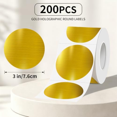 3Inch Circle Holographic Gold Thermal Labels, Waterproof Printable Round Direct Thermal Stickers, Self-Adhesive for Small Business Logo, QR Code, Price Tag & Packaging, 200Pieces/Roll - Image 3