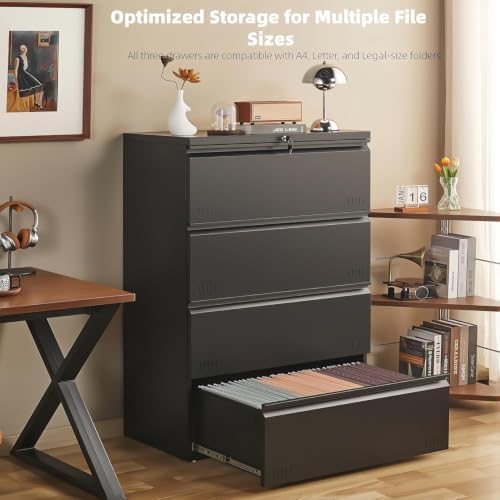 Guizeeopo Metal File Cabinet with Lock, 4 Drawer Lateral File Cabinets for Home Office, Heavy Duty Office Storage Cabinet for A4/Letter/Legal Size, Assembly Required(Black) - Image 5