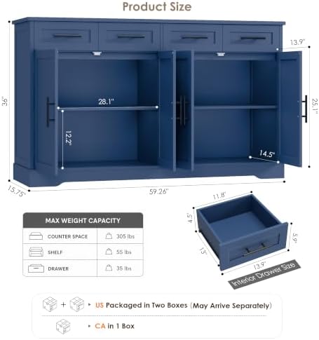 HOSTACK 60" W Sideboard Buffet Cabinet with Storage, Kitchen Cabinet, Blue - Image 2