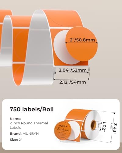 MUNBYN 2 Inch Orange Circle Thermal Labels for Business, 750 Sheets/1 Roll - Image 2
