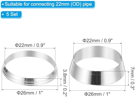 PATIKIL 22mm Tube OD 304 Stainless Steel Compression Tube Fitting Sleeve, 5 Pack Double Ferrule Ring Tubing Fitting Assortment Kit, Silver - Image 2
