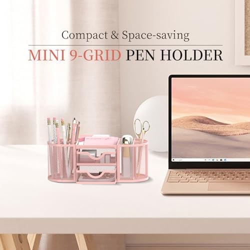 SUPEASY Mesh Desk Organizer, Pen Holder for Desk with 2 Drawers, Pink - Image 2