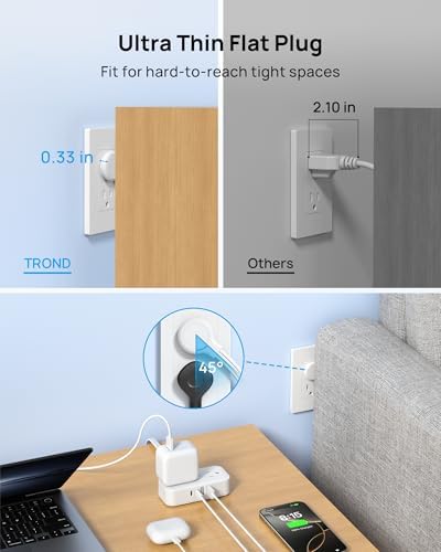 TROND Flat Plug Power Strip, Small Extension Cord 10ft, 4 AC & 4 USB, White - Image 6