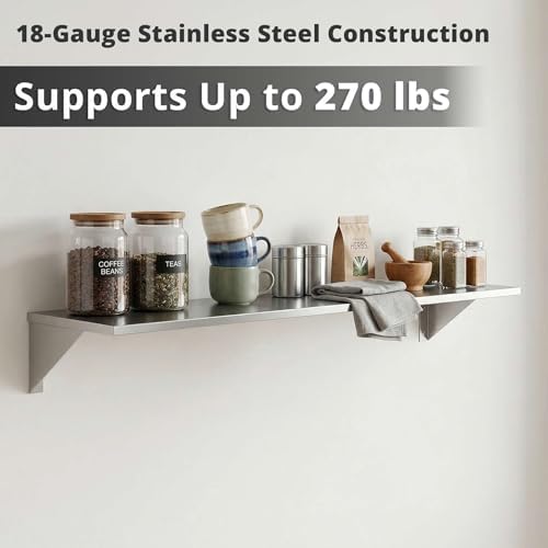 8" x 36" Heavy Duty Stainless Steel Floating Wall Mounted Shelf, Commercial Kitchen Storage Shelf - Image 3