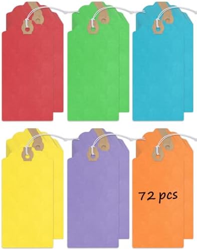 Uniclife 72 Pcs Blank Shipping Tags with Elastic String Attached Cardstock Paper Hang Tags with Reinforced Eyelet Large Marking Price Tag Inventory Label Tag, Rainbow Colors (4.7" x 2 3/8") by UnicLife