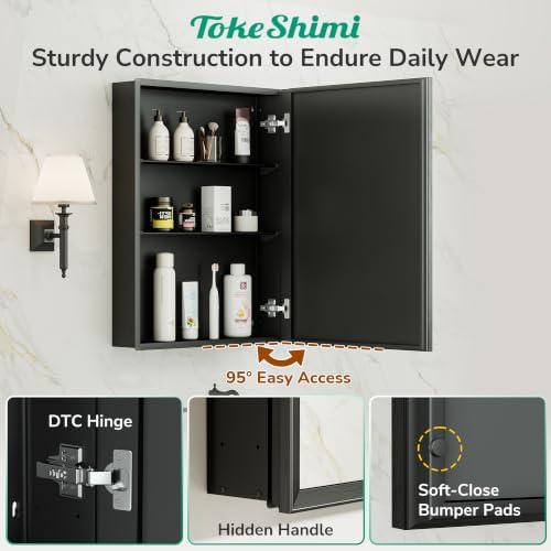 TokeShimi 12 x 36 Black Recessed Medicine Cabinet with Mirror, Assembly Required, Bathroom Medicine Cabinet with Mirror, Stepless Adjustable Shelves, Beveled Aluminum Frame, DTC Hinge - Image 6