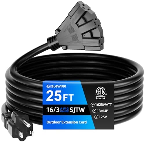 25 FT 3 Outlet Outdoor Extension Cord Waterproof, 16/3 SJTW Black Extension Cord with Multiple Outlets, Heavy Duty 16 Gauge 3-Prong Grounded Power Cable for Garden and Home Use, ETL Listed by ISLEWIRE