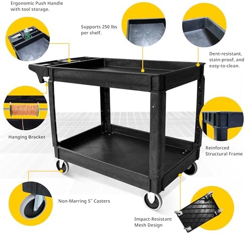 MaxWorks 2‑Tier Heavy‑Duty Utility Service Cart 500 lb Capacity 46" x 25.5" x 33.5" with 5" Swivel Casters and Polypropylene Shelves for Garage Workshop Warehouse Office (80858) - Image 3