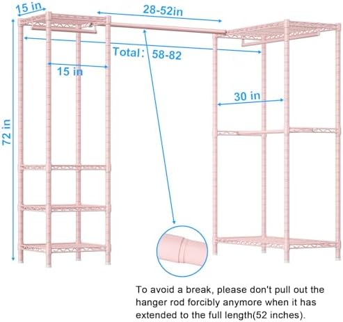 ULIFHOME E10L L-Shaped Clothes Rack for Corner（With Expandable Hanger Rod）Heavy Duty Freestanding Clothing Racks for Hanging Clothes，Portable Garment Rack 58-82"W x 30"D x 72"H，Max Load 900LBS, Pink - Image 2