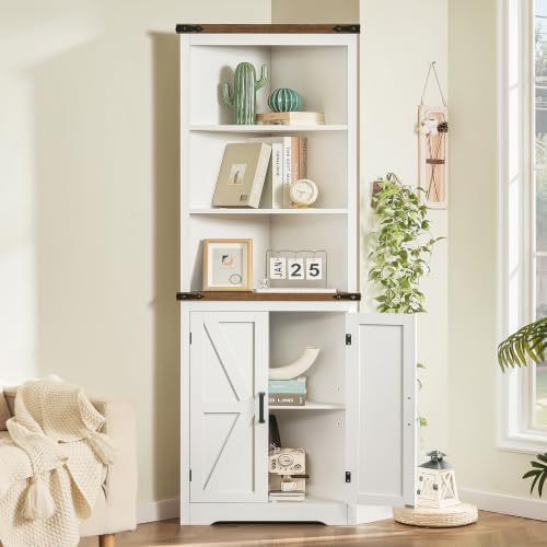 TEENFON Farmhouse Corner Cabinet, 70" H Tall Corner Hutch with 5 Shelves & 2 Barn Doors, Bathroom Cabinet with Adjustable Shelf, for Living Room, Kitchen, Bathroom, White - Image 5