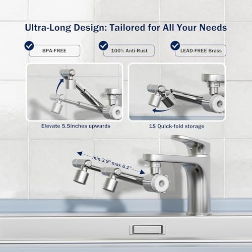 Frizzlife Water Filter for Sink Faucet Extender with Extension, NSF/ANSI 372, 9pcs Filters Reduce 99% Chlorine, 1080° Rotating Brass Tap Filter, 3 Modes Attachment for kitchen/Bathroom, FF1080-EX - Image 4