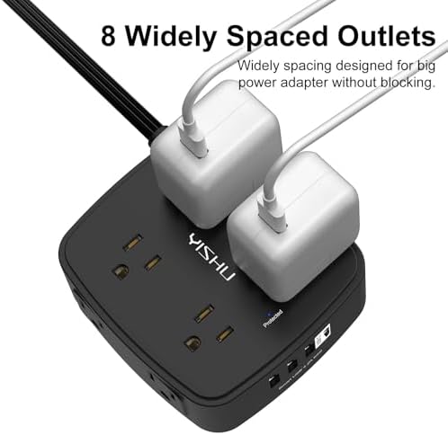10 Ft Surge Protector Power Strip - YISHU 8 Widely Outlets with 4 USB Ports, 3 Side Outlet Extender with 10 Feet Flat Extension Cord, Ultra Flat Plug, Wall Mount, Desk USB Charging Station, ETL, Black - Image 4