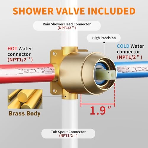 Tub Shower Faucet Set (Valve Included) with 6-Inch Rain Shower Head and Tub Spout Single-Handle Tub and Shower Trim Kit Brushed Gold - Image 7