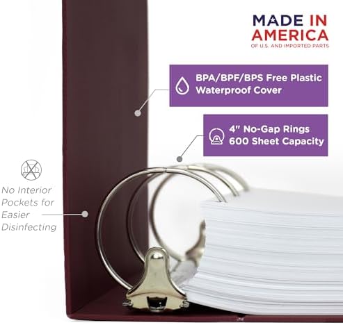 Carstens 4-Inch Heavy Duty 3-Ring Binder - Side Opening, Wine, Durable Plastic, No-Gap Rings, Waterproof Cover, No Pockets, Holds 600 US Letter Sheets, BPA-Free, Made in USA (1843-3R), Case of 10 - Image 3