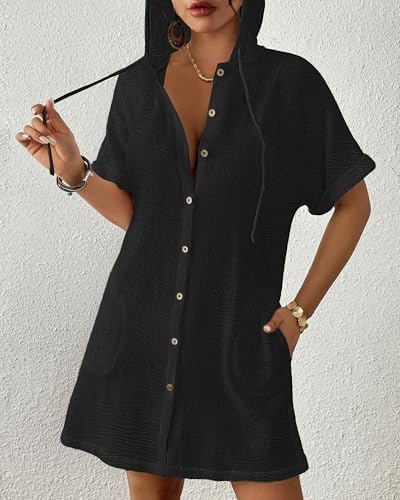 Bsubseach Womens Swimsuit Cover Up Shirt Hooded Beach Dress with Pockets - Image 2