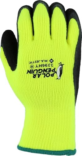 Majestic Polar Penguin Winter Lined Napped Terry Glove with Foam Latex Dipped Palm | 1 Dozen - MED | ANSI A2, Heavyweight Glove, Hiviz Yellow/Black | Automotive, Industrial, Manufacturing | 3396HY - Image 3