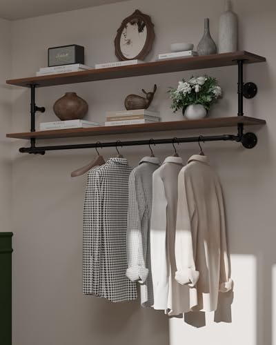 Clothes Rack 60in, Wall Mounted Garment Rack with Real Walnut Wood Shelf, Heavy Duty Hanging Clothes Rack, Multi-Purpose Hanging Rod, Space-Saving Closet Storage (Walnut, 2T60IN) by INDUSTRIALSHELVESDESIGN