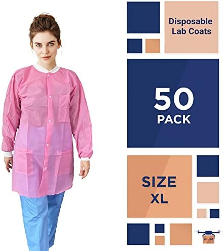 EZGOODZ Disposable Lab Coats for Adults, X-Large Light Pink, 45 GSM Polypropylene, Unisex Lab Coat with Snap Front, Knit Cuffs and Collar, 3 Pockets, Pack of 50 - Image 2