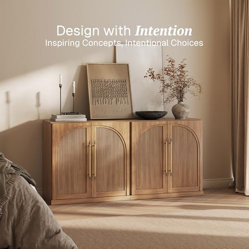 BELLEZE 3 Tier Bookshelf with Double-Arc Door, Set of 2 Modern Bookcase Shelf with Storage and Adjustable Shelves, 65'' Arched Buffet Wood Bookshelves for Living Room Office Entryway (Camel) - Image 3