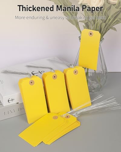 Uniclife 100 Pcs Yellow Blank Shipping Tags with Wire Attached 4.7 Inch Paper Tags Hang Tag with Reinforced Eyelet Large Marking Label Writable Price Inventory Label Tag, 4.7" x 2 3/8" - Image 3