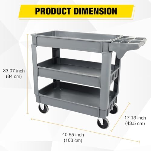Heavy Duty 3-Shelf Plastic Utility Cart - 550 lbs Capacity Rolling Service Cart with 5" TPU Silent Wheels & Integrated Tool Handle - Grey - Image 2