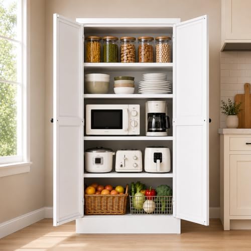 AQY Kitchen Pantry Cabinet,61" White Pantry Storage Cabinet with 4 Tier Adjustable Shelves and 2 Doors,Freestanding Cupboard,Metal Pantry Cabinets with Handle for Living Room Kitchen Assembly Required by AQY