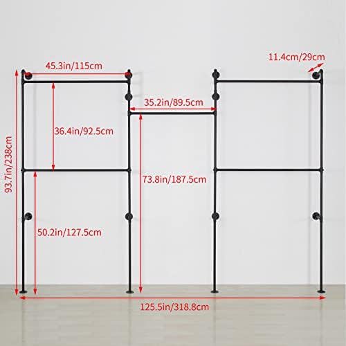 Industrial Pipe Clothes Rack, Heavy Duty Detachable Wall Mounted Black Iron Garment Bar, Clothing Store Display Stands Garment Rack Closet System (125.5 x 93.7inch) - Image 3