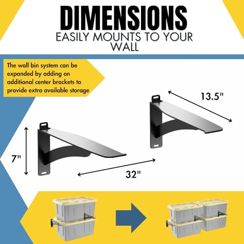 Koova Wall Mounted Tote Rack Storage System, Fits 27-Gallon Black and Yellow Commander Style Bins, Wall Mount Bracket Shelves for Garage Organization, Heavy Duty Steel, Made in USA (2-Piece Set) - Image 3