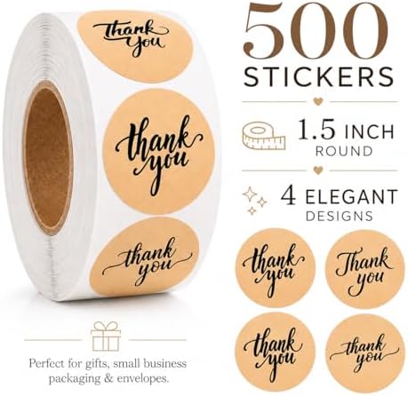 500 Thank You Stickers Roll, 1.5" Round Kraft Paper Labels, Black Script - Image 2