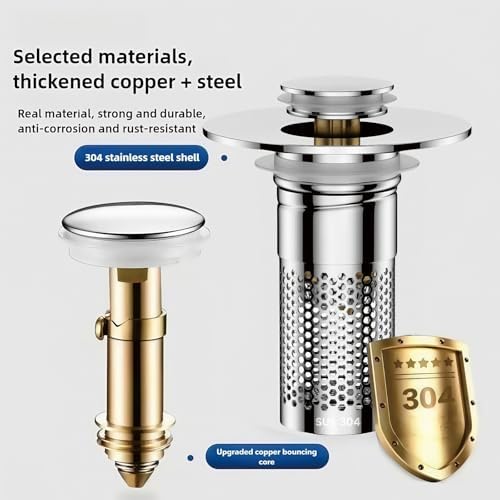 Universal Pop-Up Bathroom Sink Stopper, Stainless Steel Drain Strainer with Removable Filter Basket for 1.1"-2.36" Basin, Push-to-Bounce Core, Bathroom Sink Plug, Hair Catcher, 2 Pack - Image 3